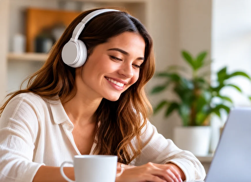 Mujer con auriculares utilizando una computadora portátil