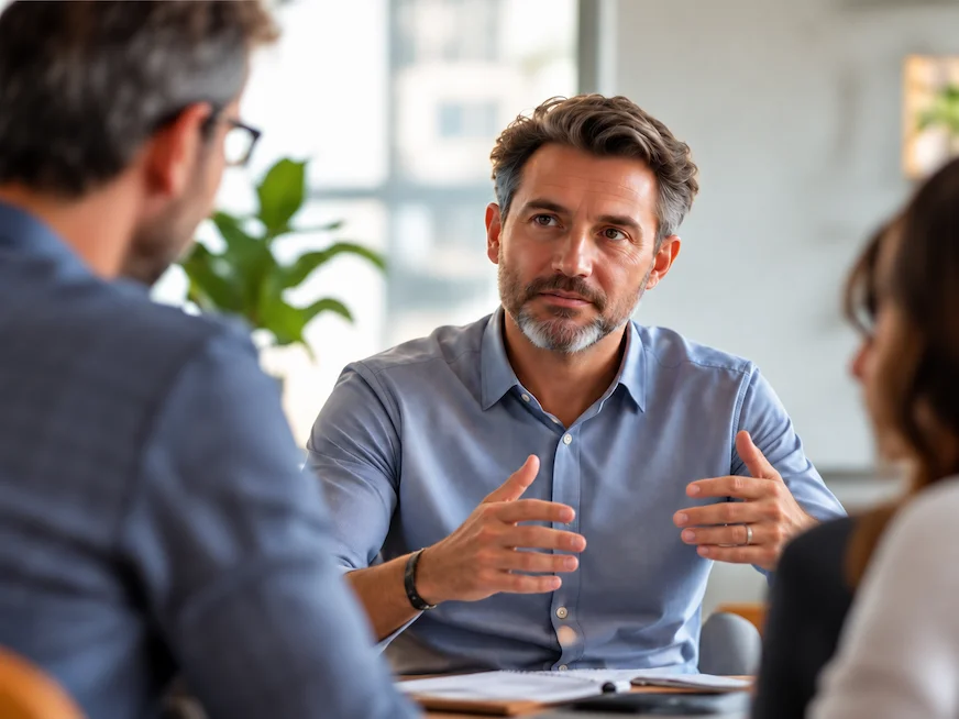 Dos profesionales conversando durante una reunión de trabajo